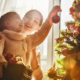 mother and daughter with Christmas trees